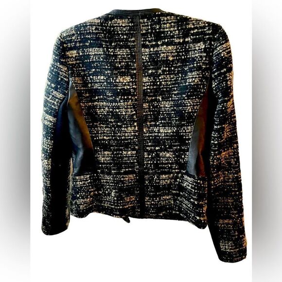 REBECCA TAYLOR PEBBLED TWEED BLACK N GREY JACKET WITH FAUX LEATHER ACCENTS, SZ4 - Picture 5 of 14